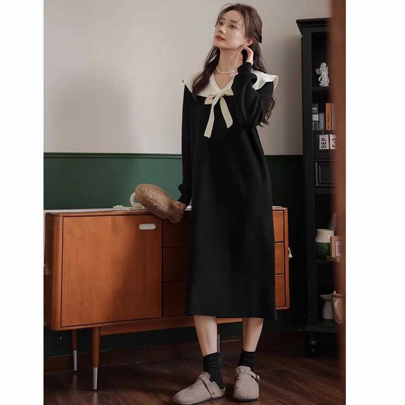 2024 Korean Sle Pregnant Women Black Dress Autumn Winter Long Sleeve Bowknot Collar Materni Knitting Dress Pregnancy SweaterXJ241213