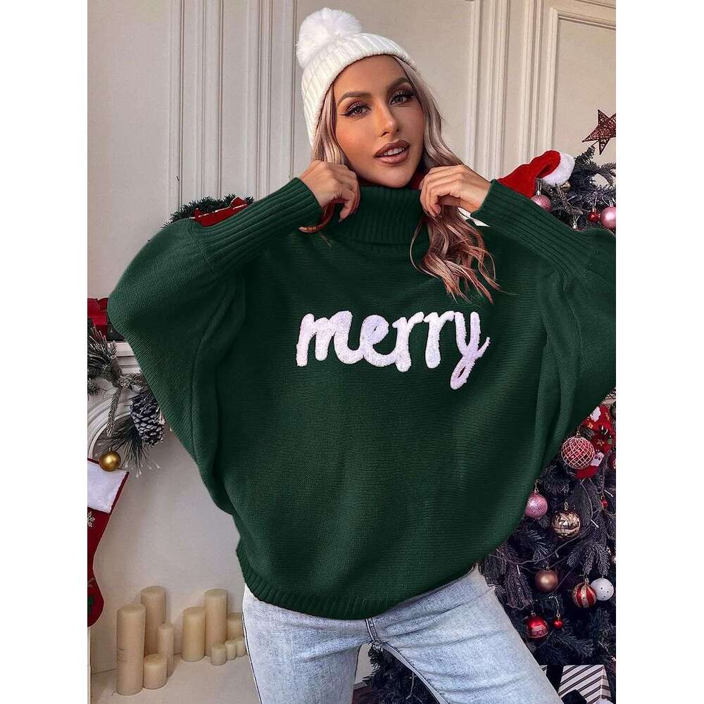 European American Christmas high neck sweater women's autumn and winter loose bat sleeves outer wear knitted top women