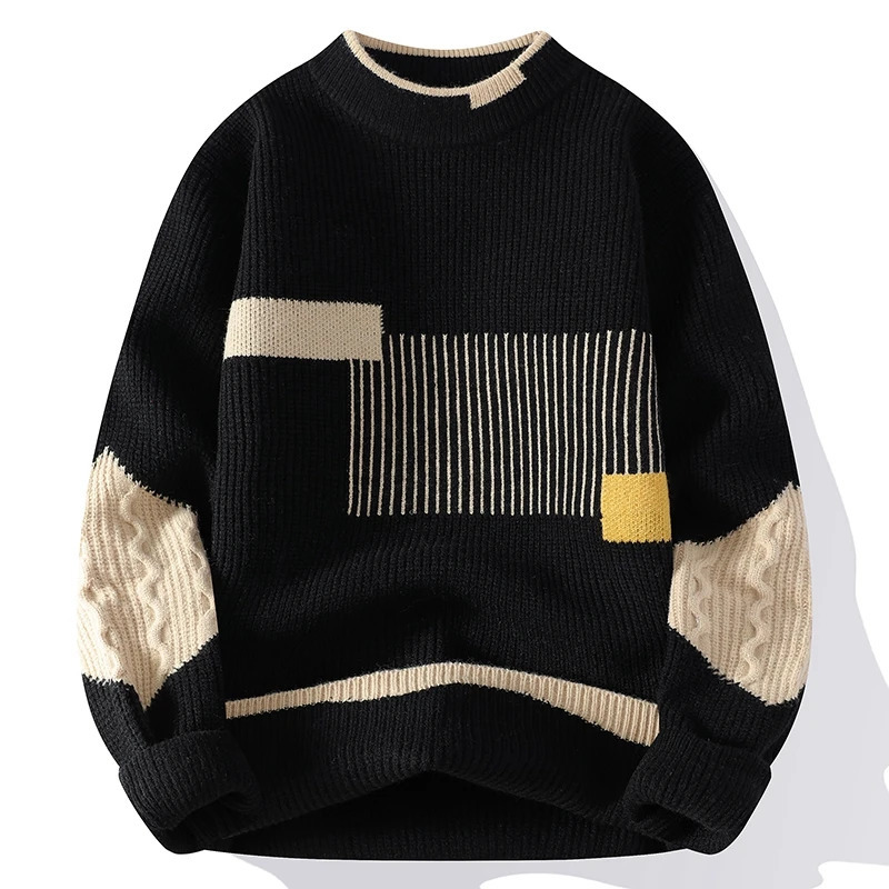 Mens Mock Neck Knitted Sweater Fashion Patchwork Knitting Pullovers Men Autumn Winter Daily Casual Warm Pullover Sweaters Man 241213