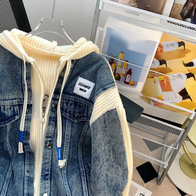 Japanese retro Y2k jacket hooded sweatshirt knitted patch work holiday twopiece zipper oversized denim autumn full matching womens clothing 241211