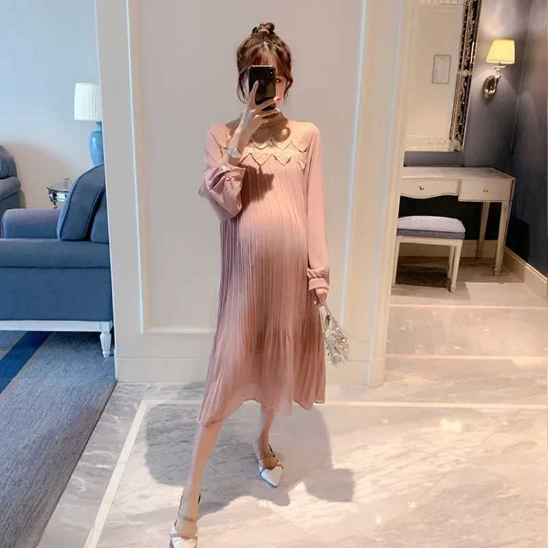 9310# Autumn Korean Fashion Pleated Chiffon Materni Long Dress Loose Straight Clothes for Pregnant Women Pregnancy ClothingXJ241213