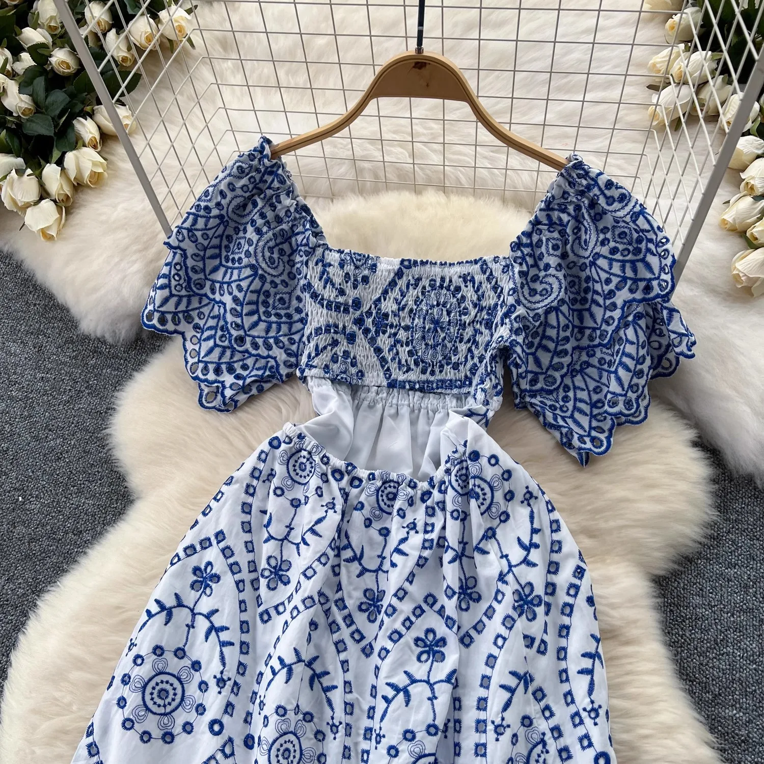 Basic Casual Dresses Summer Beach Holiday Embroidery Cotton Dress Women Butterfly Sleeve Sexy Slash Neck Blue White Porcelain Floral Backless Vestido 