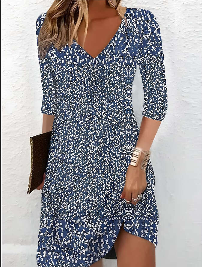 Autumn Printed Mid Sleeve V-neck Medium Length Dress for Women 2024 Versatile New Trendy Clothing Ins