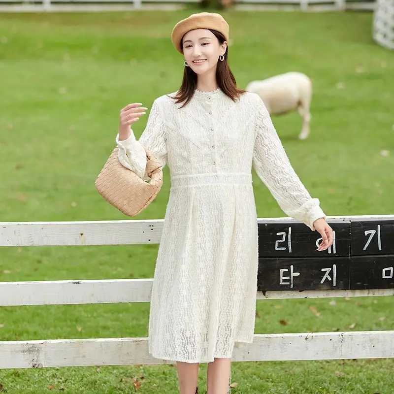 2025 Spring Materni Lace Dress Long Lantern Sleeve Ruffles Collar Pregnant Woman Basic Dresses Pregnancy Par Dress SweetXJ241213