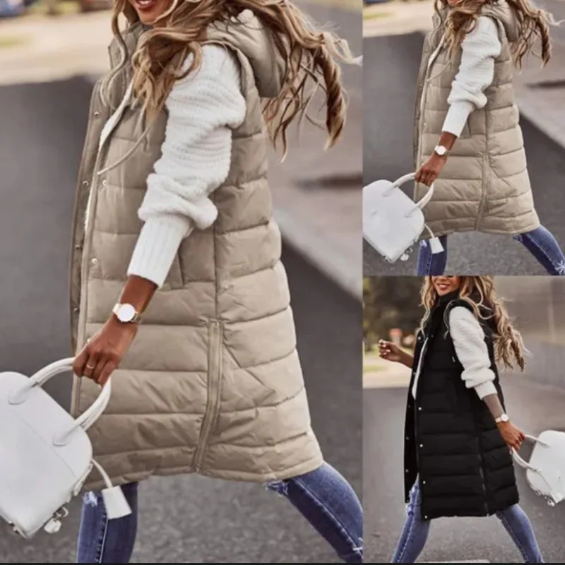 Womens loose single chest cardigan Parkas winter vest jacket womens casual sleeveless hooded solid color long 241212