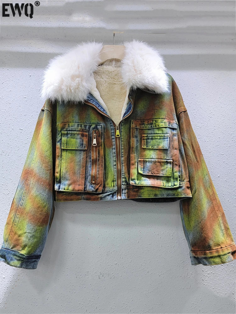 Fashion splicing large fur lapel long sleeved denim jacket womens winter thick zipper denim jacket autumn trendy 16O3165 241210