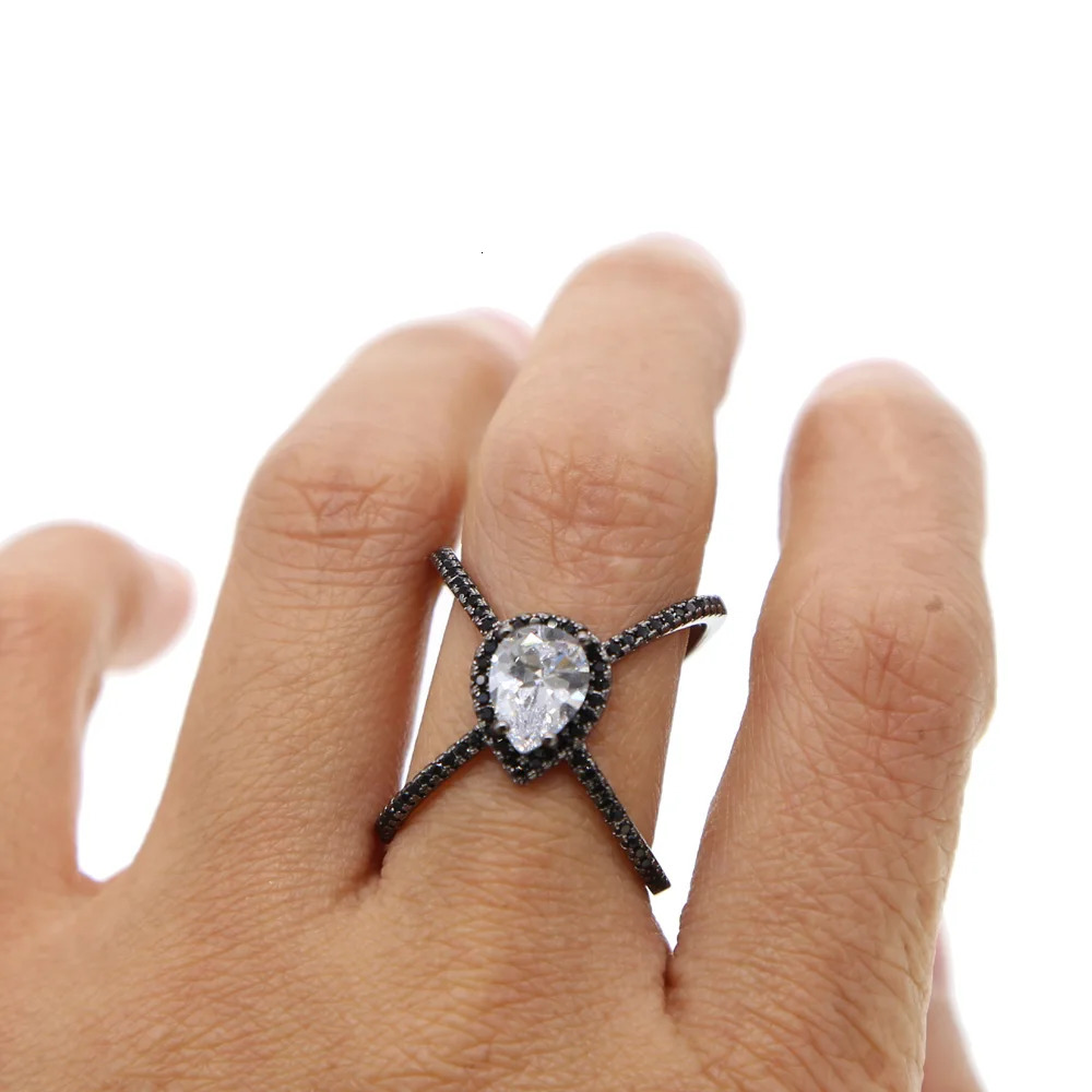 black gold tear drop shape black cz color Cross classic wedding engagement big stone women full finger ring ladies gift 241214