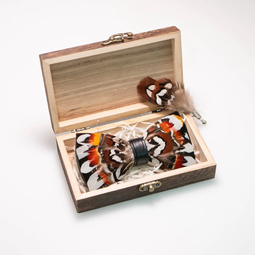EASTEPIC Novelty Bow Ties for Men Colorful Brooch Wooden Box Mens Accessory Natural Feather Wedding Party Business Gift 241214