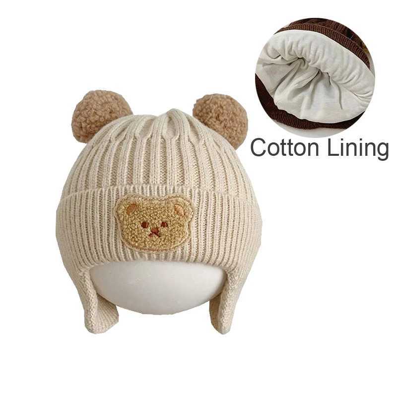 Bear winter baby hat cotton lined knitted childrens hat with ear cups baby hat W241213