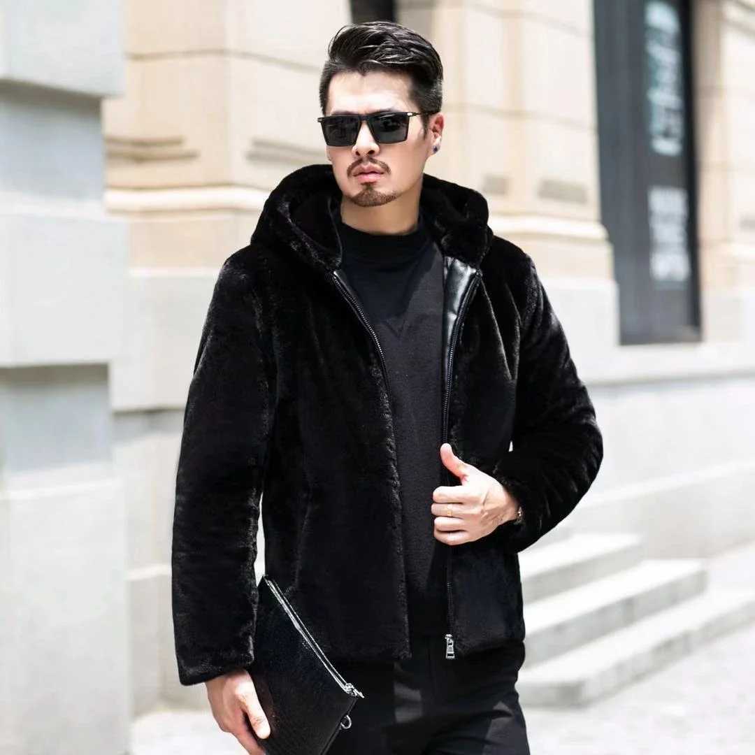 Mens winter faux fur coat black hooded faux fur leather jacket thin and warm fluffy windproof jacket mens zipper top mens jacket W241213