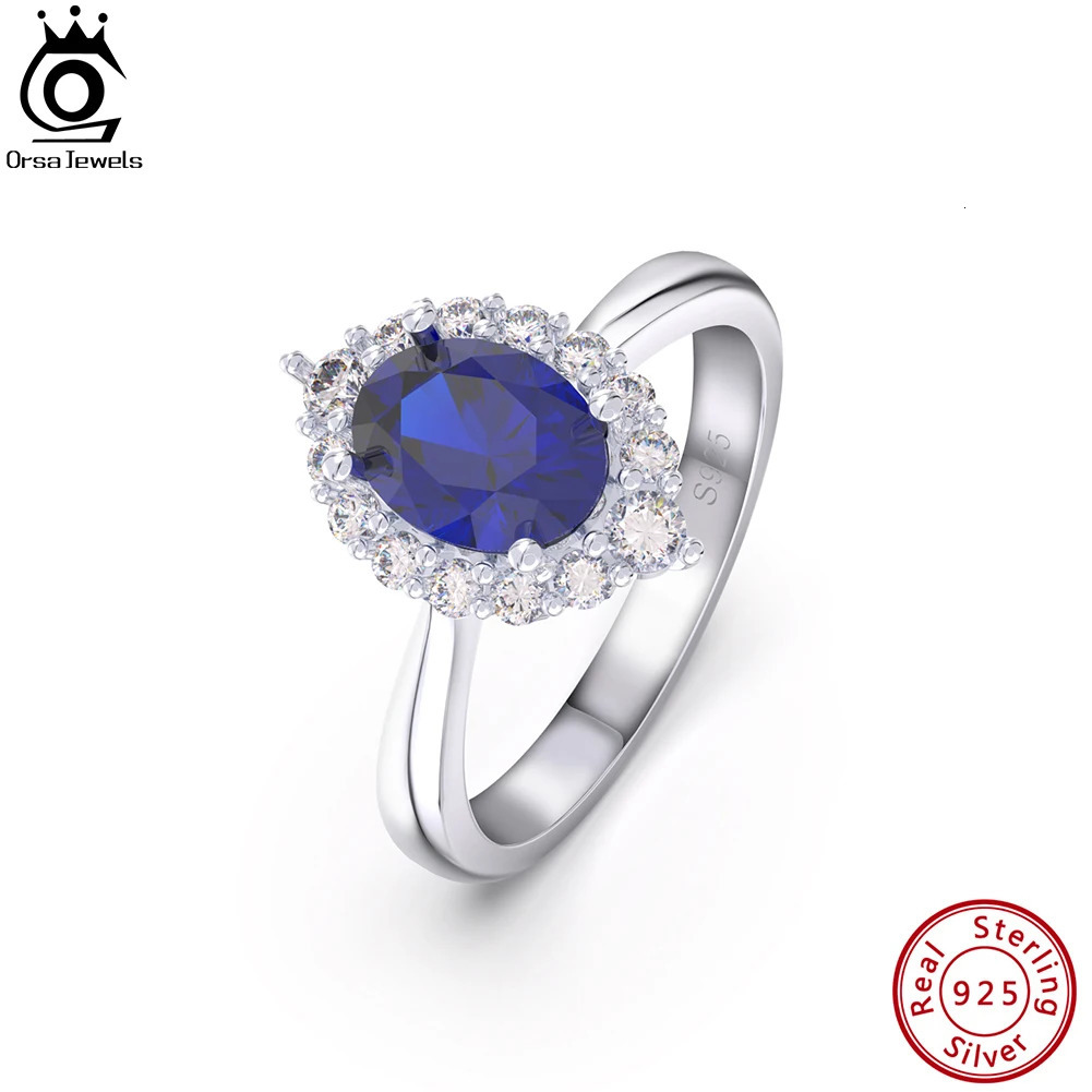 ORSA JEWELS Female 925 Sterling Silver Sapphire Oval Shaped Rings with CZ Cubic Zirconia Gemstone Blue Solitaire Ring Gift LZR09 241214