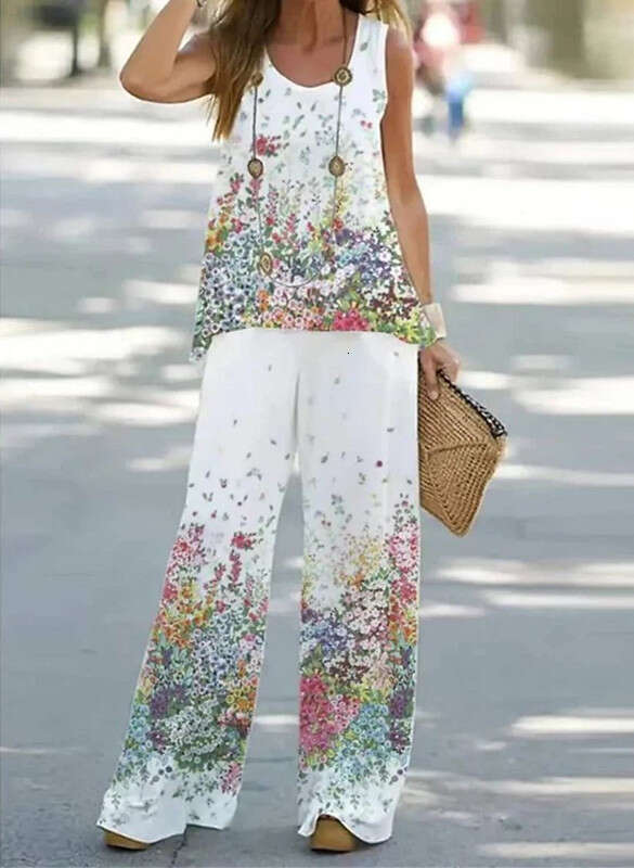 Women's printed casual two-piece vest with elastic waist pants women's set 2024 versatile new trendy clothing ins