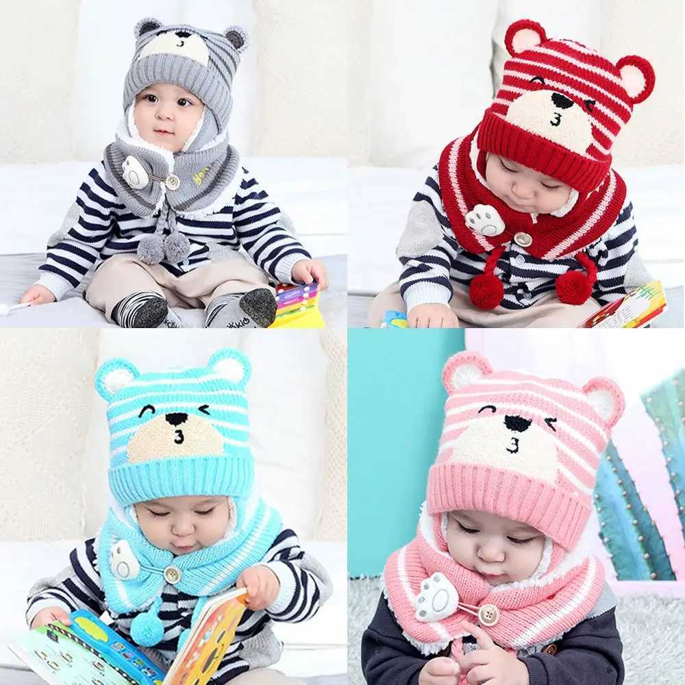 Warm Preschool Baby Winter Boys and Girls Neck Scarf Baby Bean Hat Childrens Hat Scarf Set Bear Earmuffs W241213