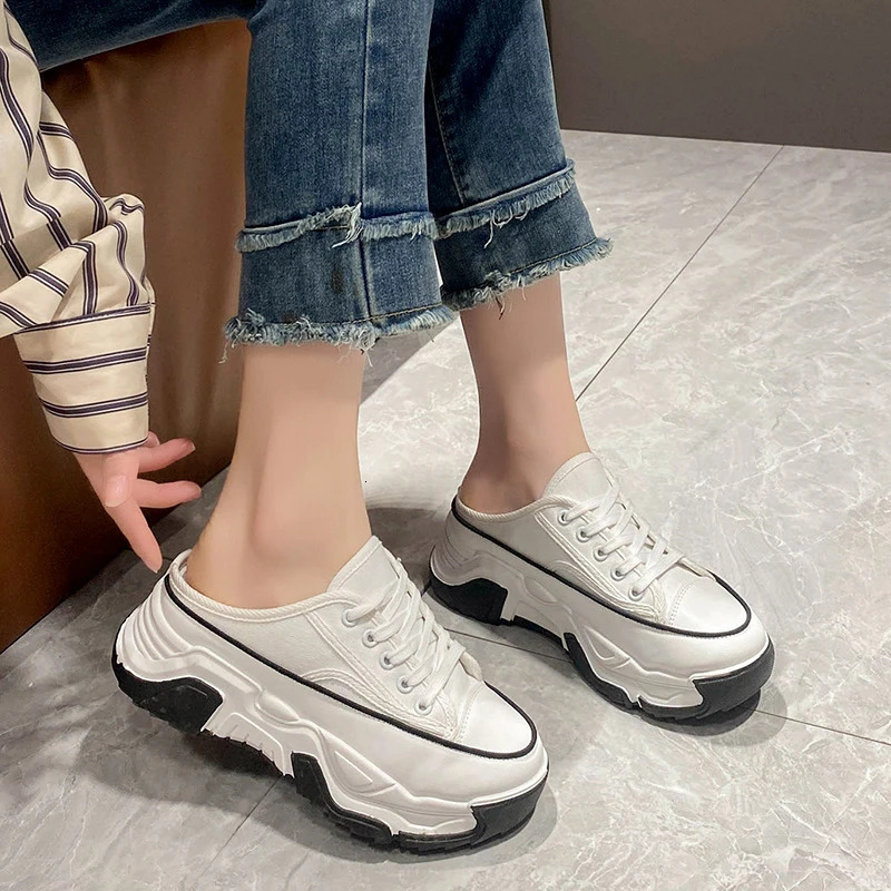 Ladies Slippers Summer Baotou Half Womans Versatile Casual Lace Up Canvas Sports Platform Shoes Outside 241214