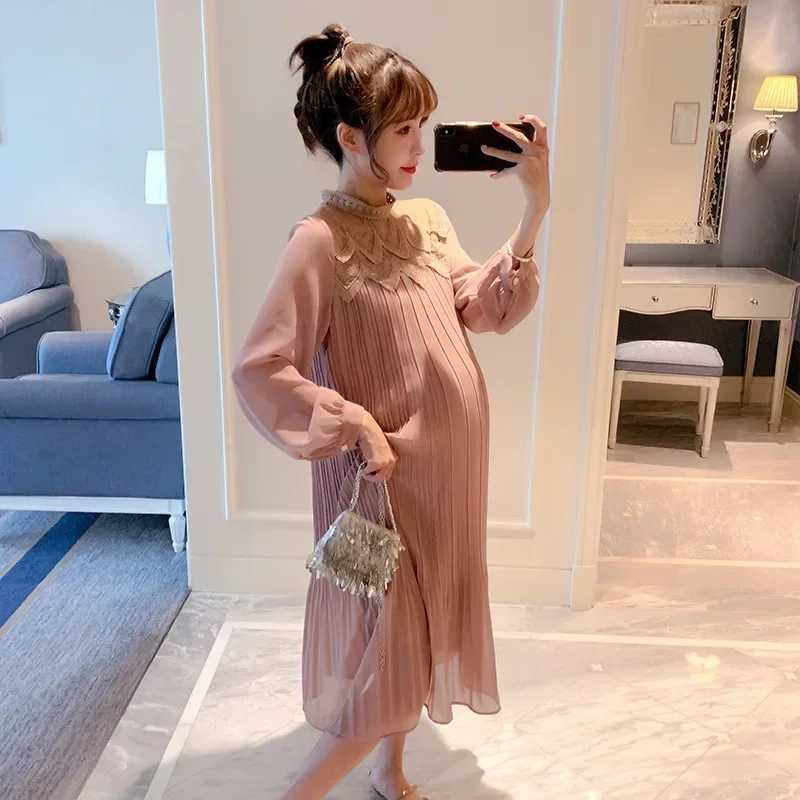 9310# Autumn Korean Fashion Pleated Chiffon Materni Long Dress Loose Straight Clothes for Pregnant Women Pregnancy ClothingXJ241213