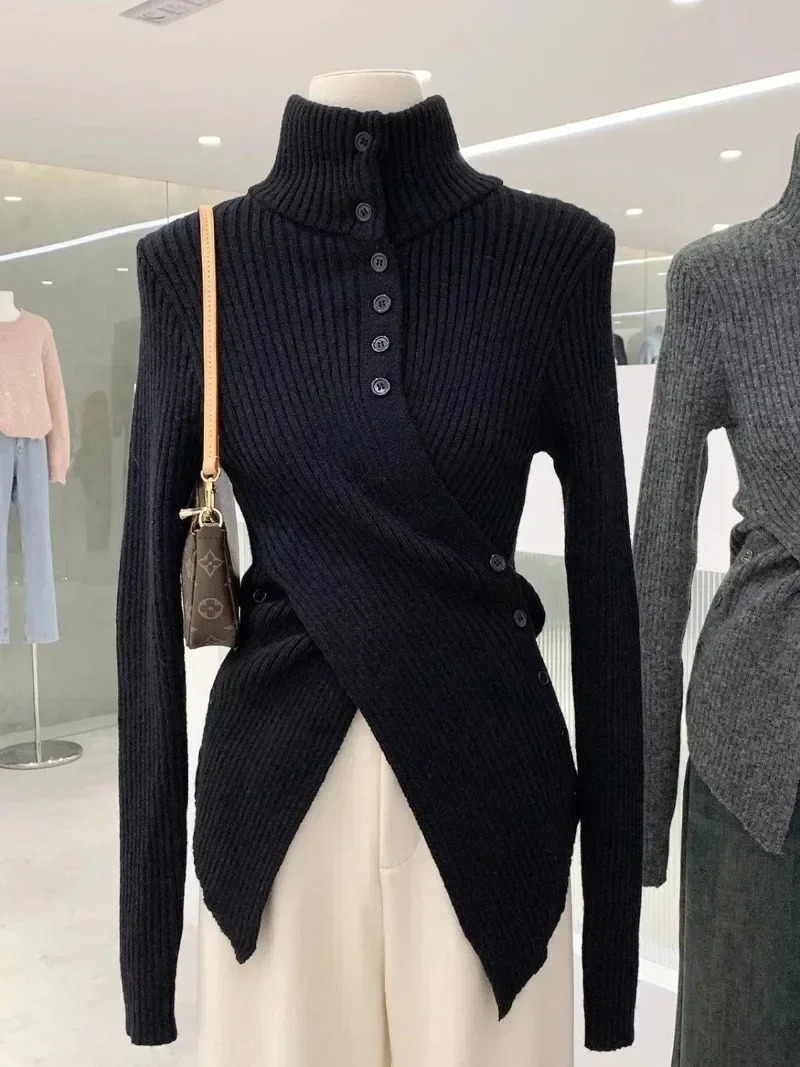 Korean Chic Elegant Slim Fit Cardigan Cross Button Simple Long Sleeve Turtleneck Sweaters 2024 Autumn Allmatch Solid Jumper 241214