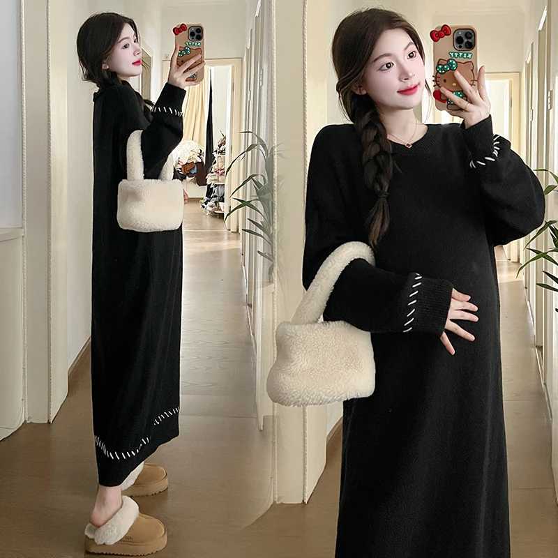 X68269# Pregnancy Dress Maxi Dress Plus Size Thicken Loose Women Korean Sle Sweater Soft Knitted Women Pregnant DressesXJ241213