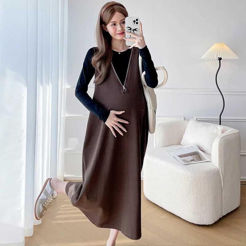 French Sle Materni Autumn Clothes Sleeveless Zipper Fly V-neck Pregnant Woman Tank Dress Long Loose Pregnancy Oversize DressXJ241213