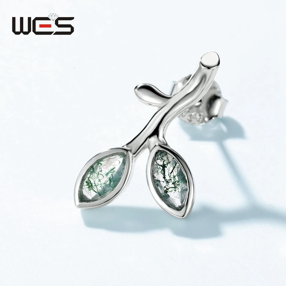 WES 925 Sterling Silver Horse Eye Moss Agate Stud Earrings for Woman Leaf Wedding Gifts Fine Jewelry Rhodium Plated 241214