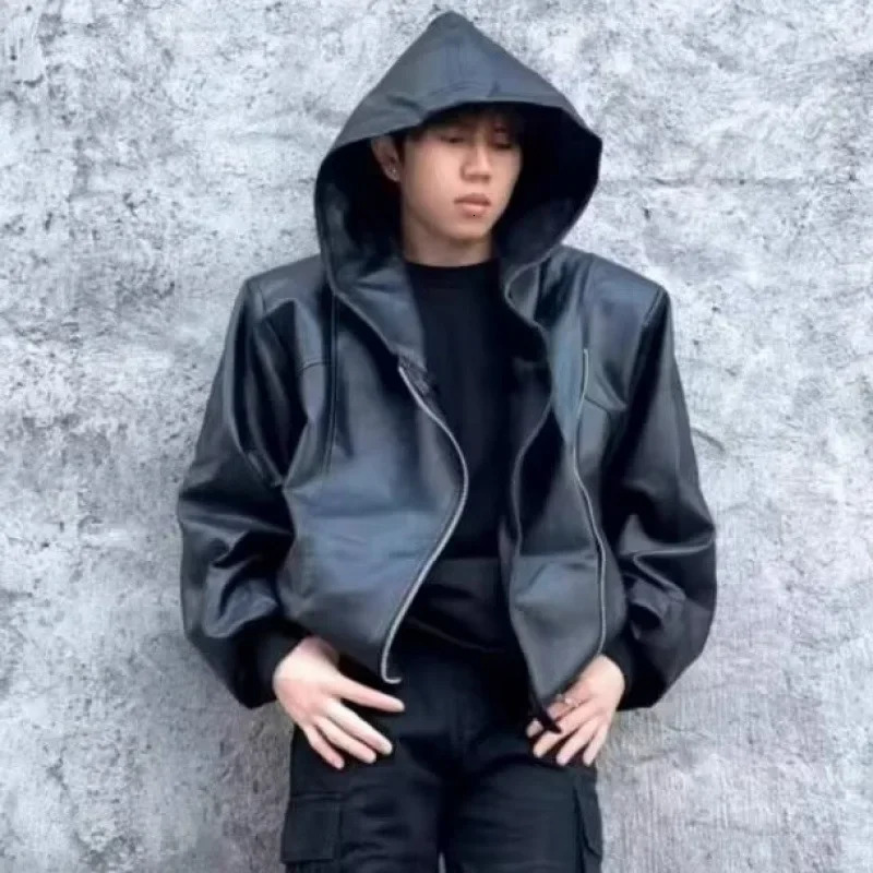 Spring Autumn Korean Style Zippered Hooded PU Leather Jacket Trendy High Street Black Leather Jacket For Men Casual Loose Type