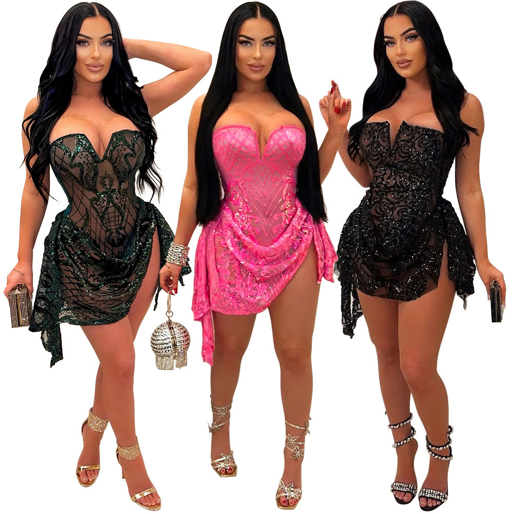 Sexy V-neck see through sequin dress women's new summer outfit 3-color pleated skirt party tight evening dress birthday party club