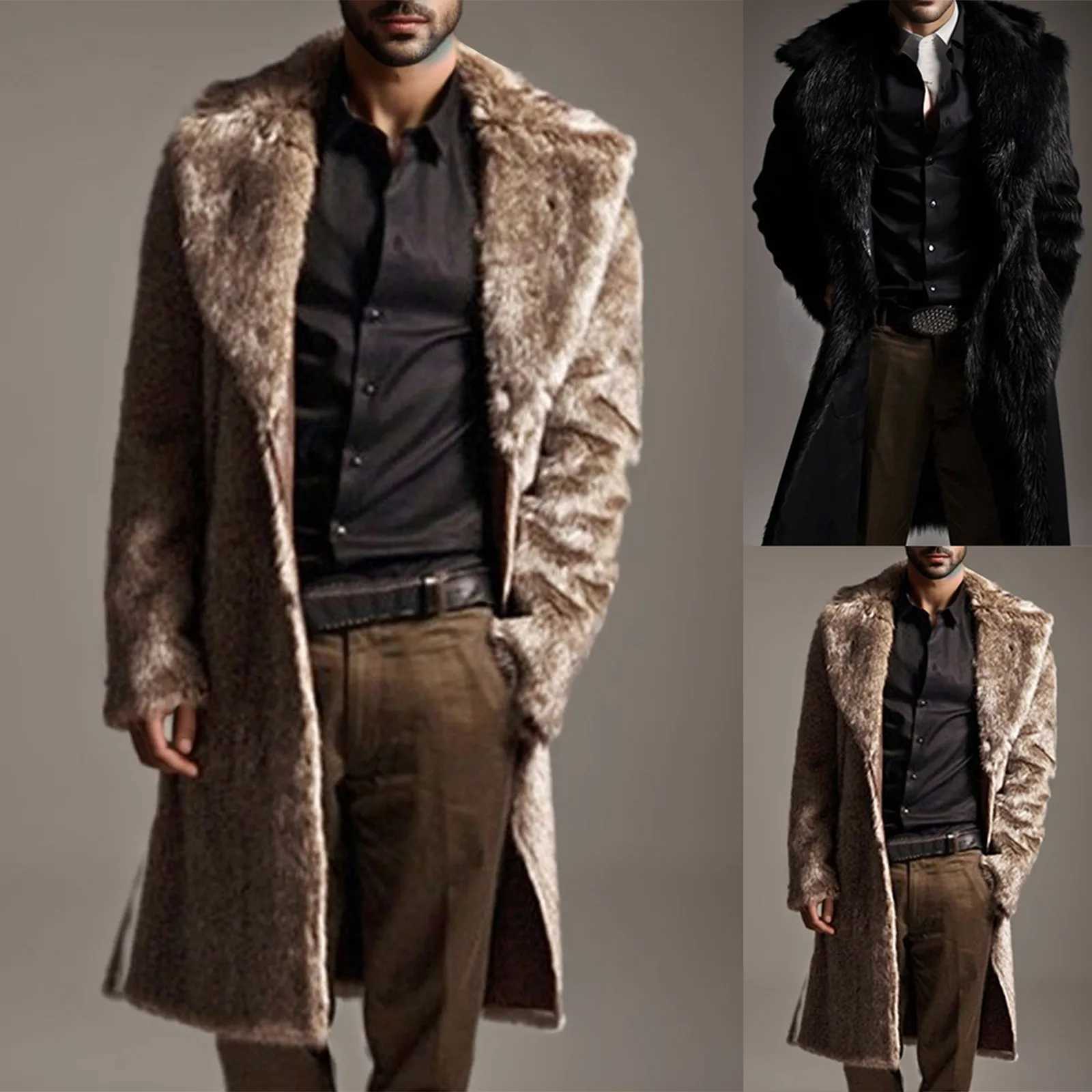 Fashion Black Faux Fur Jacket Men 2024 Winter Brand New Faux Leather Long Parka Warm Overcoat Men Luxury Fur Punk Outwear W241213