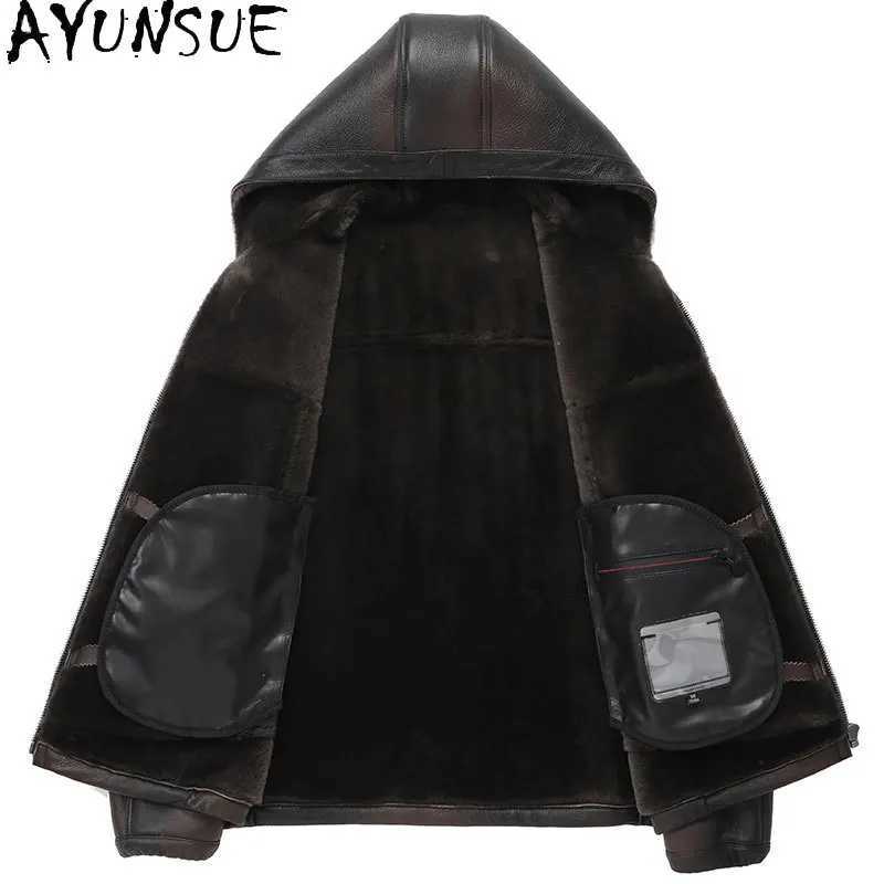 AYUNSUE mens fur coat luxury leather jacket mens winter clothing casual warm natural sheepskin coat hooded W241213