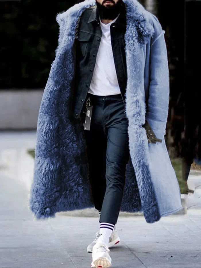 Mens autumn and winter coat faux fur leather jacket solid color long sleeved button collar warm casual fashionable comfortable regular W241213