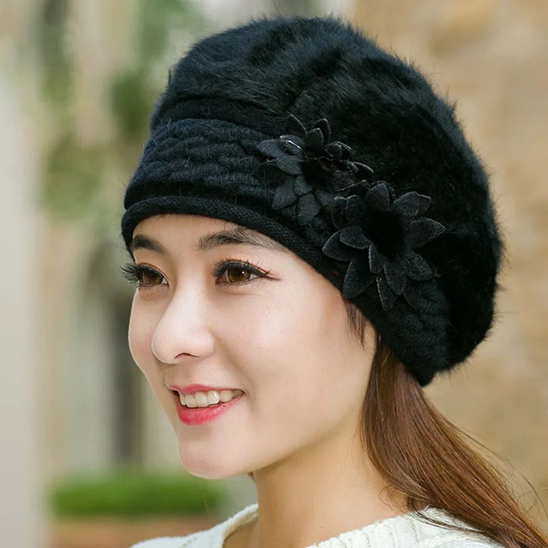 Floral Patchwork Elegant Ladies Knitted Hats Cap Autumn Winter Solid Color Female Fashion Skullies Beret Hat 241214