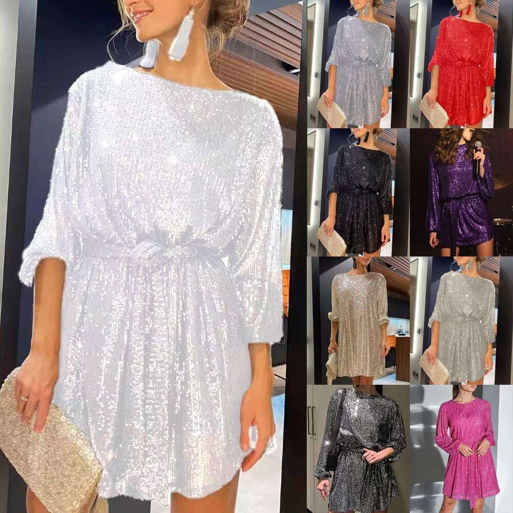 New European And American Holiday Party Fashion Sequin Bead Color Waist Cinching Small Dress