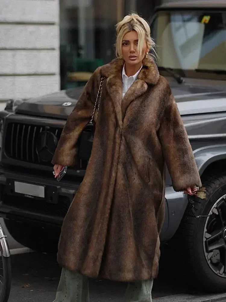 Womens Retro Luxury Long Faux Fur Coat Fashion Collar Long Sleeve Single Chest Jacket Winter Womens Fashion Strt Warm Top X241214