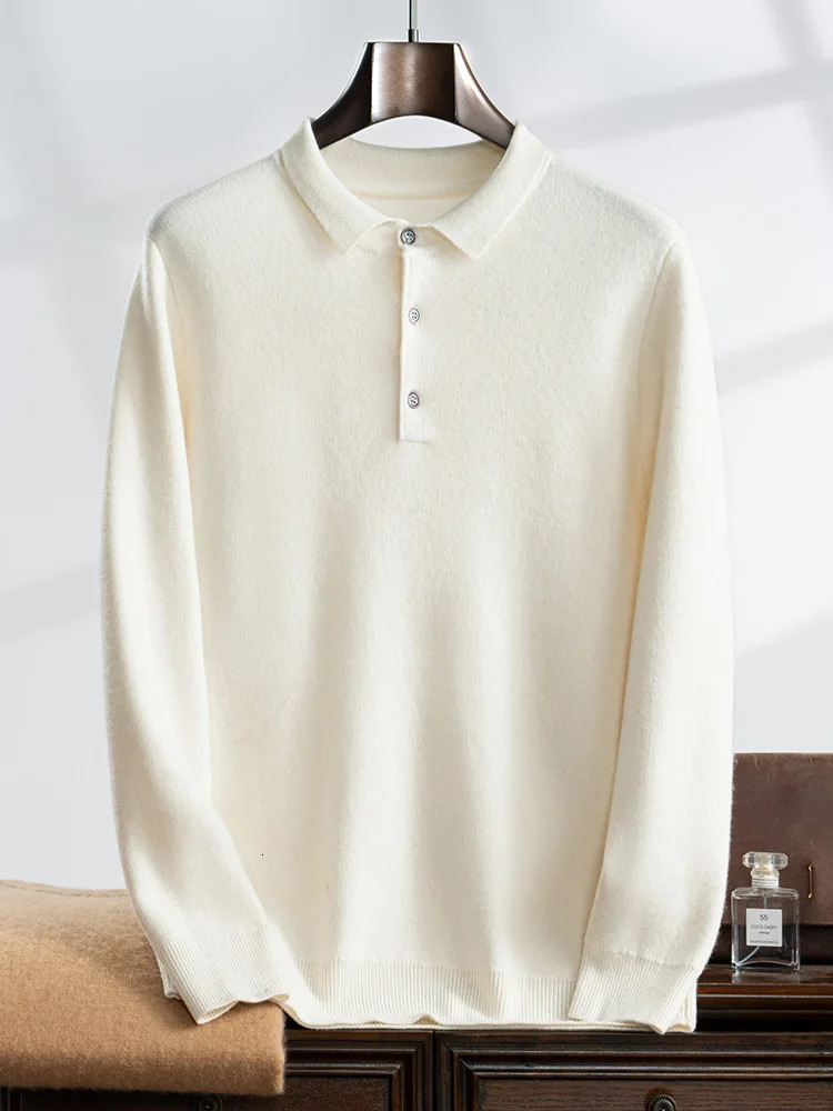 High Quality Men Thick 100% Cashmere Sweater Polo Pullover Autumn Winter Knitwear Long Sleeve Smart Casual Clothing Top 241209