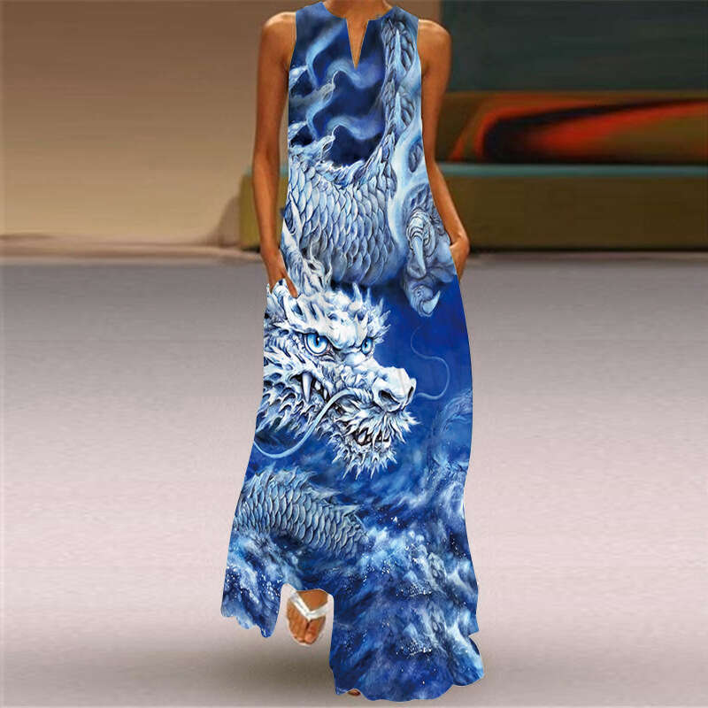 plug-in pocket European and American retro printed skirt V-neck multi-color long sexy sleeveless dress 2024 new casual versatile fashion clothing
