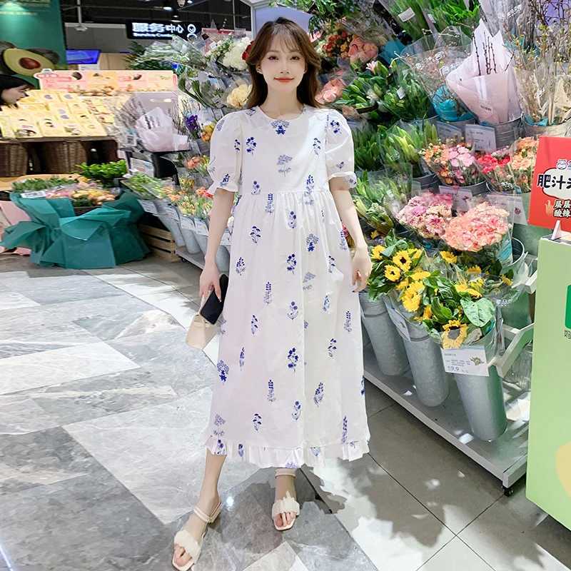 Summer Long Loose Materni Cotton Dress Puff Sleeve O-Neck Ruffles Patchwork Pregnant Woman Floral Dress Pregnancy Par DressXJ241213