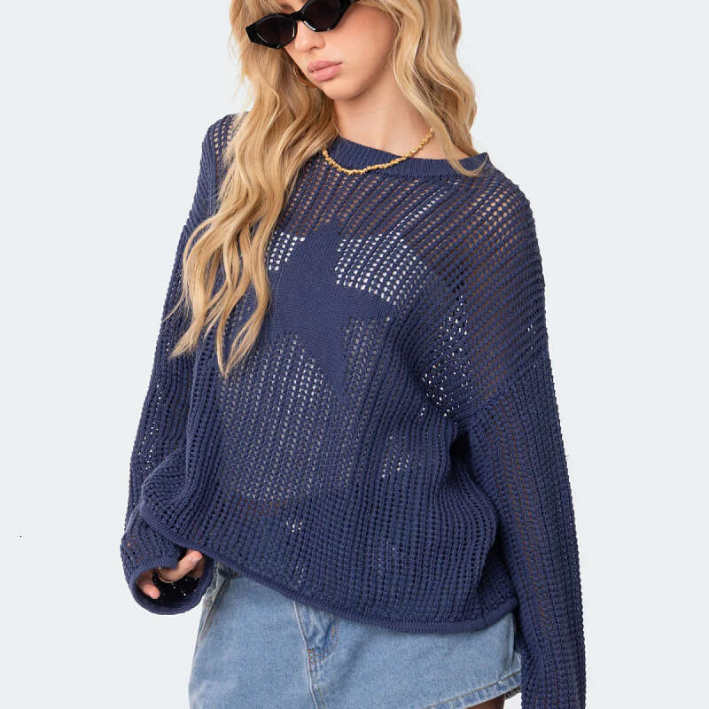 European and American new fashionable women's sexy hollow knitted cover design sense niche loose pullover sweater for women