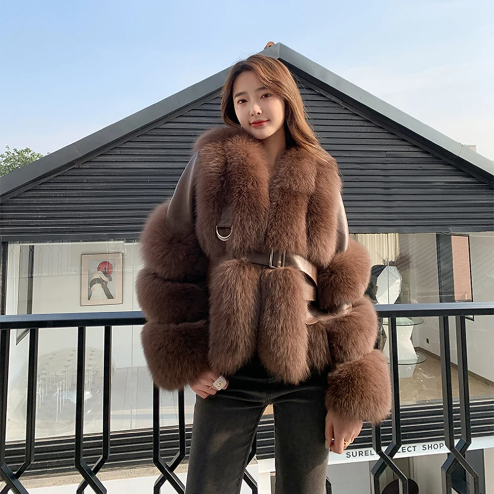 Womens genuine leather sheepskin jacket with fox skin thick in winter warm and fashionable womens outerwear coat S7943 241210