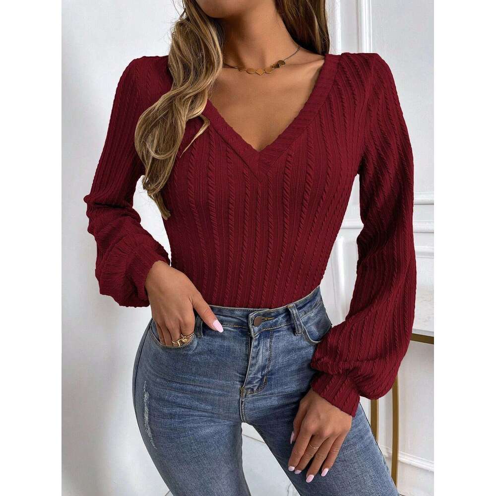 2014 autumn winter new style front rear large V-neck base top, European and American lantern sleeves slim fit T-shirt for women