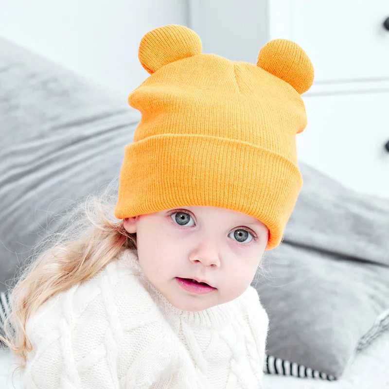Winter Warm Wool Baby Knitted Hat Cute Ears Children Beanie 1-4 Year Old Girls and Boys Solid Color Crochet Hat Childrens Skull Hat W241213