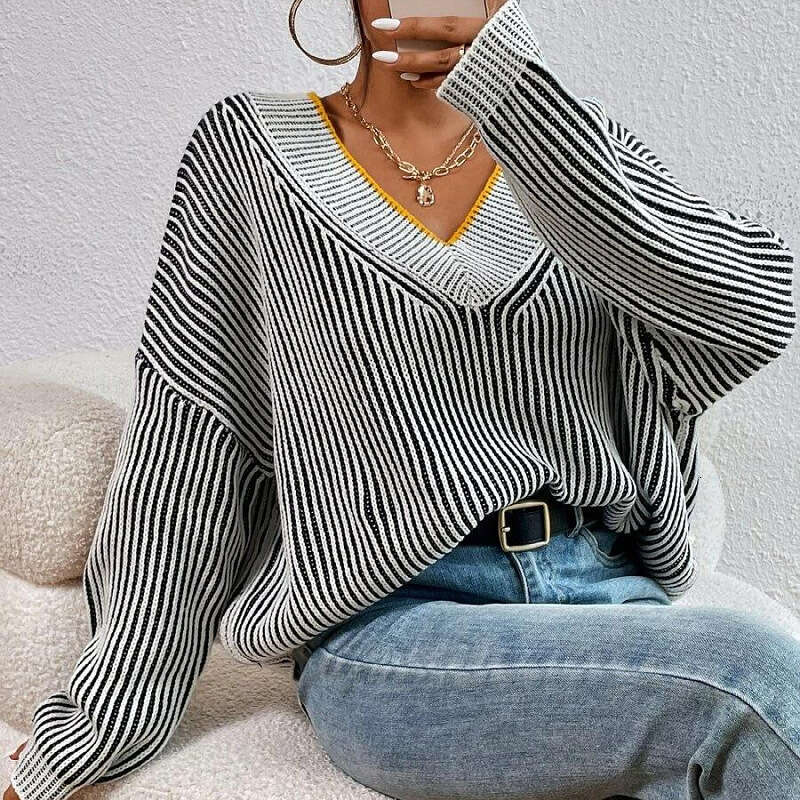 European American autumn and winter V-neck loose fitting slimming bat sleeve striped contrasting pullover sweater top