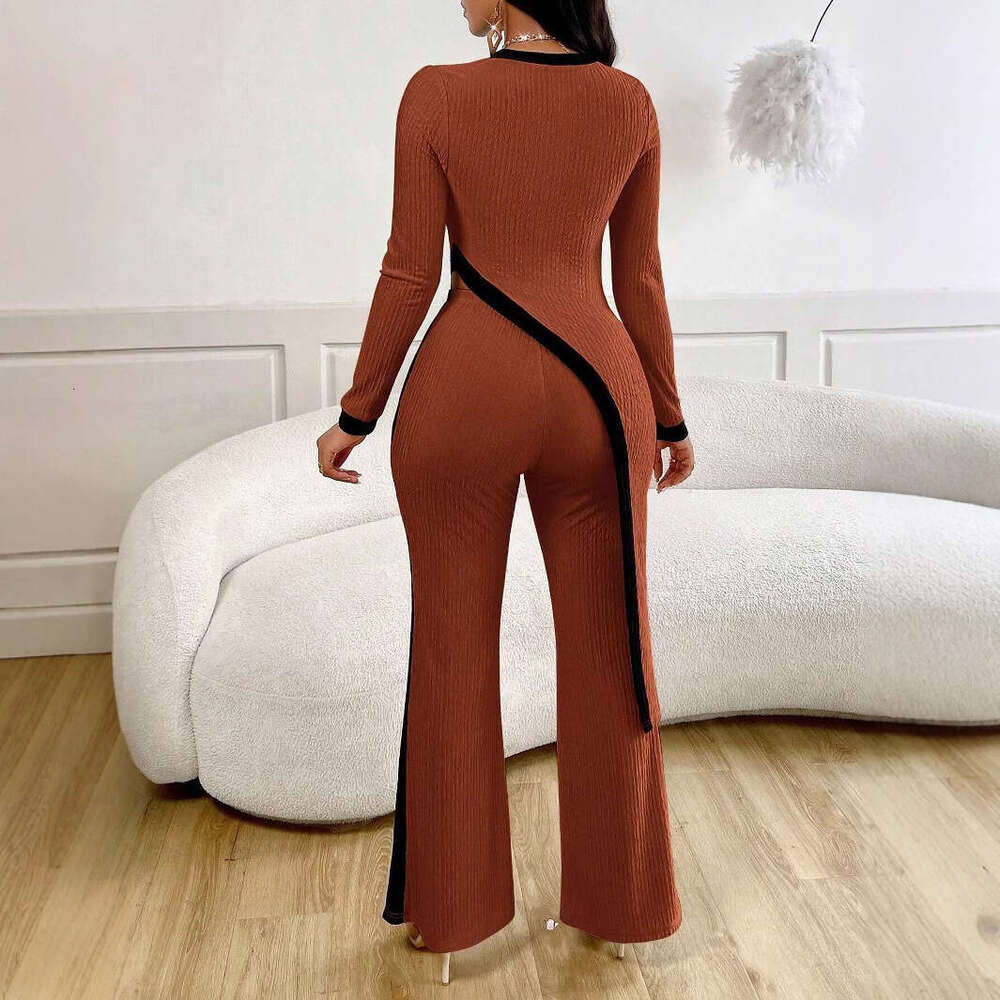 European and American 2024 autumn new women's fashion sleeved contrasting split T-shirt+spliced long pants for women