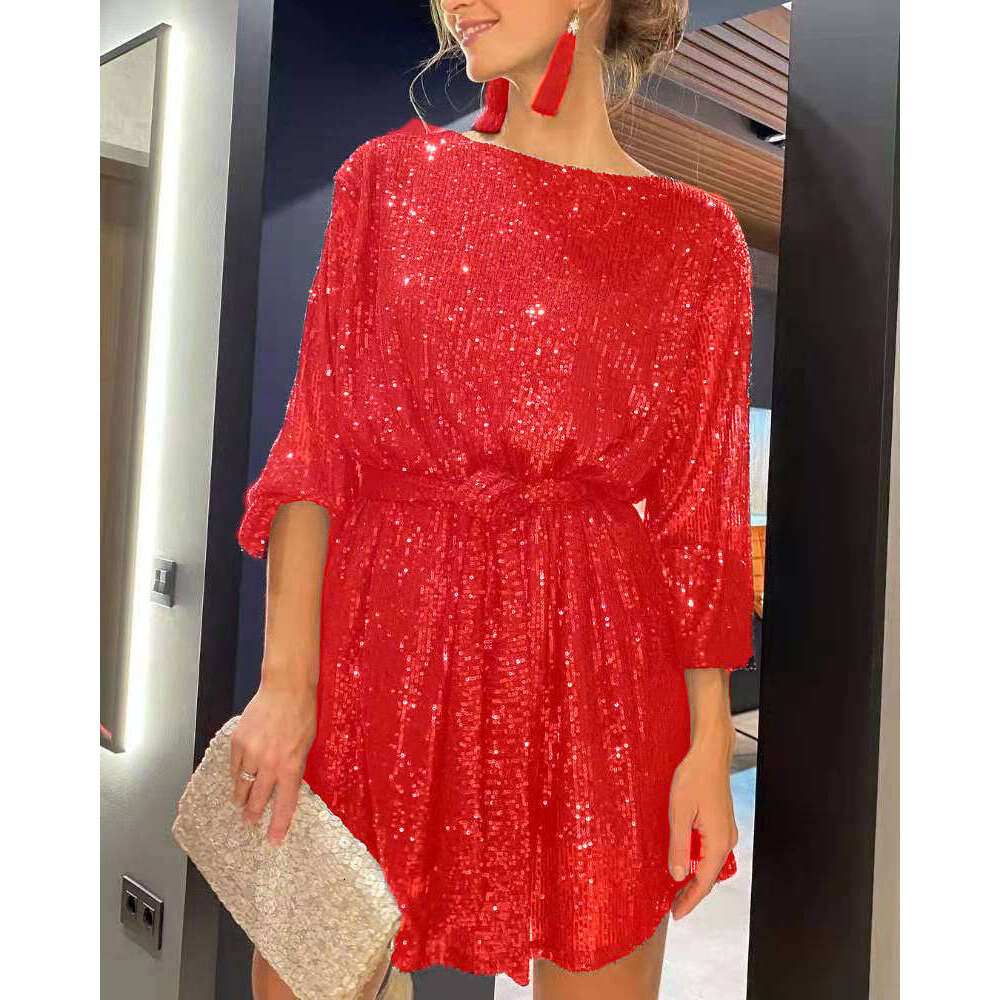 New European And American Holiday Party Fashion Sequin Bead Color Waist Cinching Small Dress