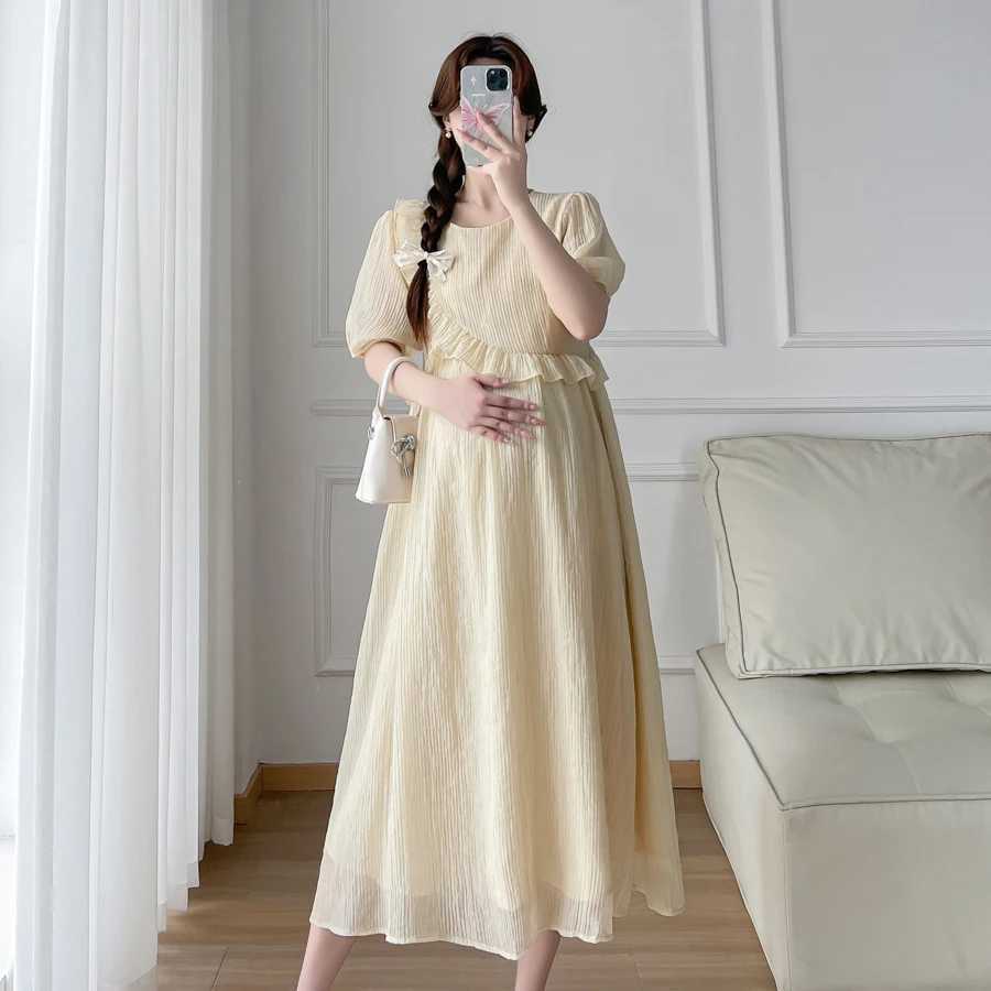 Summer Materni Long Par Dress Sweet Ruffles Patchwork Puff Sleeve O-neck Pregnant Woman Pleated Mesh Dress Princess DressesXJ241213