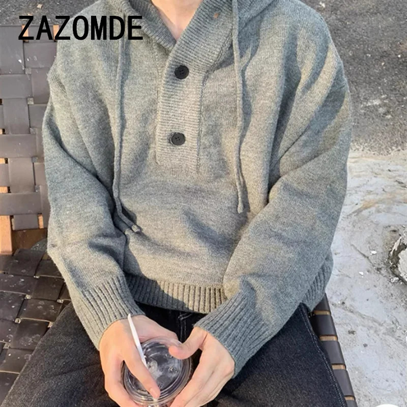 ZAZOMDE Men Autumn Buttons Hooded Sweater Tops Mens Oversize Loose Knitted Male Solid Color Warm Knitwear Hoody 241213