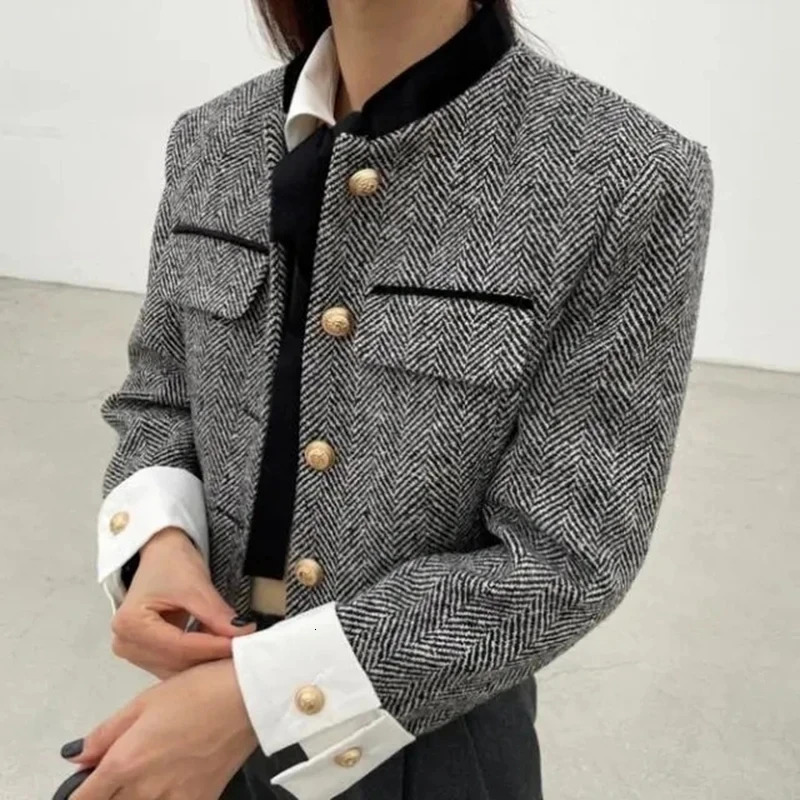 Biyaby Metal Button Stand Collar Jackets Womens Korean Pocket Plain Coat Womens Spring Long Sleeve Cut Jacket 241210