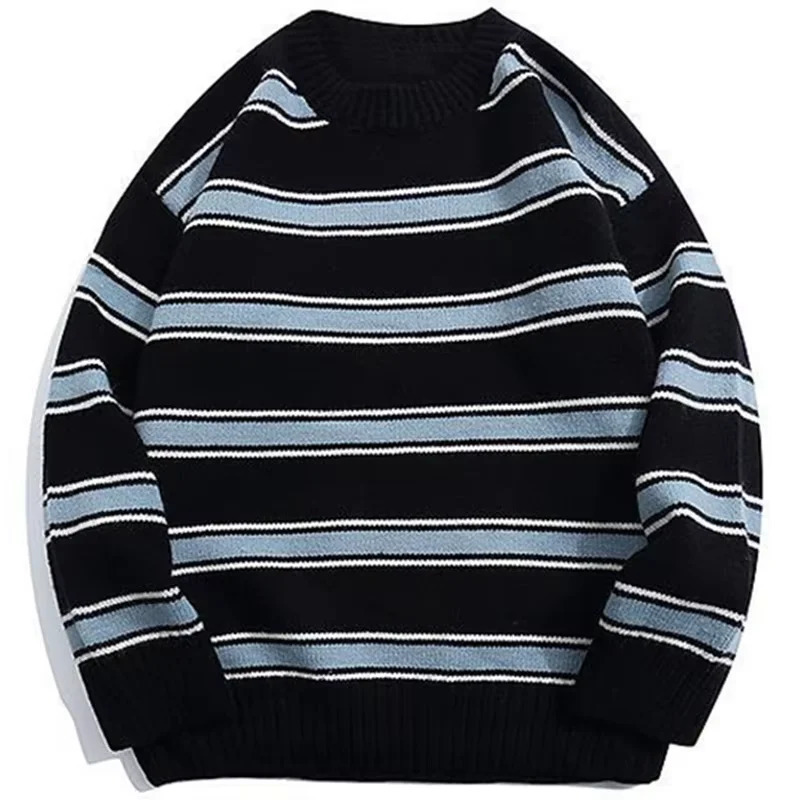 Striped Sweater Harajuku Oversized Japanese Style Autumn Round Neck Spliced Color Loose Hip Hop Women Knitted 241213