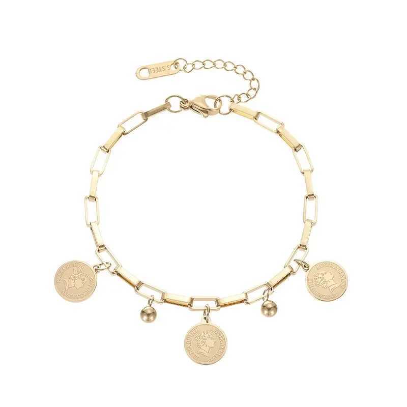 Fashion Gold-color Bracelet Ladies Simple Hip Hop Style Stainl Steel Round Sign Pendant Wide Cross Chain Jewelry AccoriesXJ241214