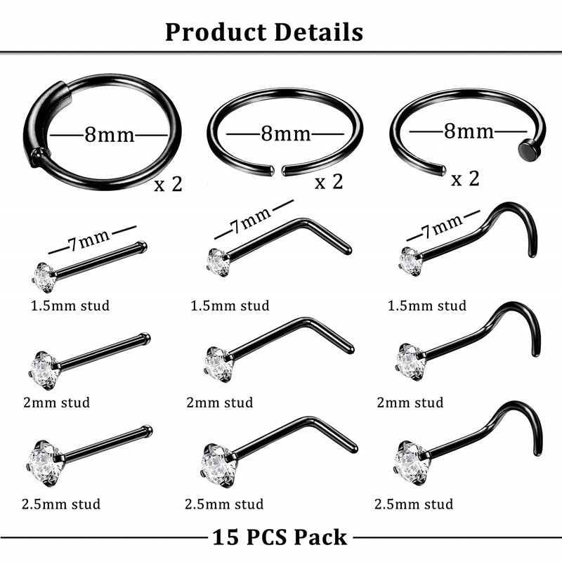 LALAVARA 12 pieces Stainless Steel Zircon Nose Stud Nose Ring Piercing Jewelry Mixed Set Nose Hoops Nose Accessories