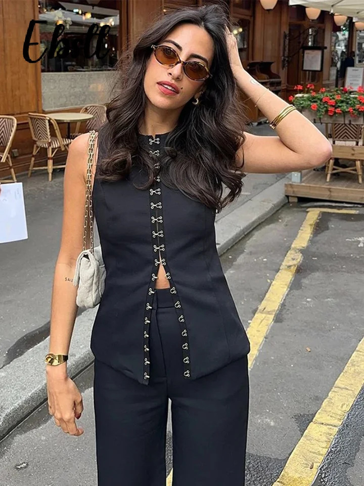 Solid Office Trousers Set Women Oneck Sleeveless Single Breasted Slim Vest High Waist Straight Pant 2024 Fashion Lady Outfit 241203