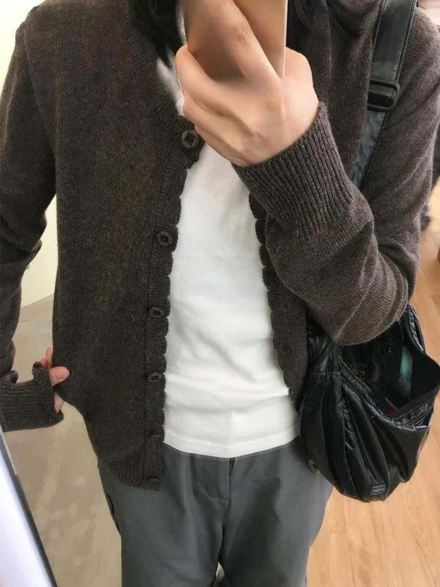 Womens Knitted Cardigan Sweater Japanese Single Breasted Long Sleeved Round Neck for Button Jacket 241214