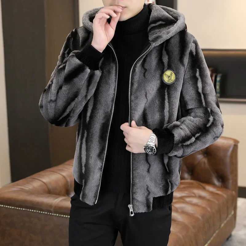 Luxury retro winter hooded faux fur mink jacket for men warm and casual business simulation fur coat office social mens clothing W241213